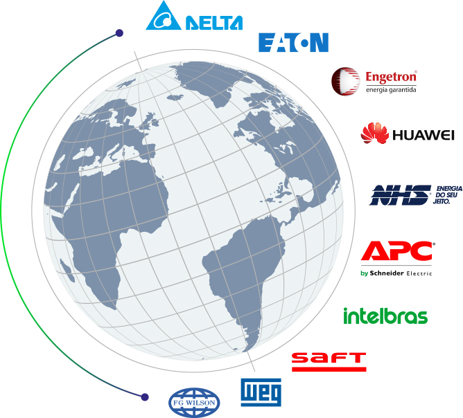 Delta, EATON, Engetron, Huawei, NHS, APC, Intelbras, Saft, WEG e FG Wilson