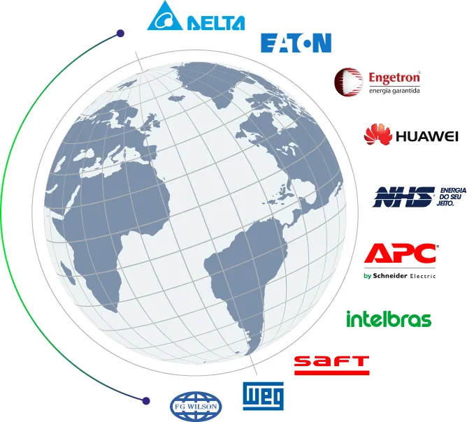 Delta, EATON, Engetron, Huawei, NHS, APC, Intelbras, Saft, WEG e FG Wilson